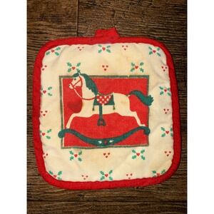 Vintage Rocking Horse Potholder Red Trim Holly Holiday Christmas Decor‎